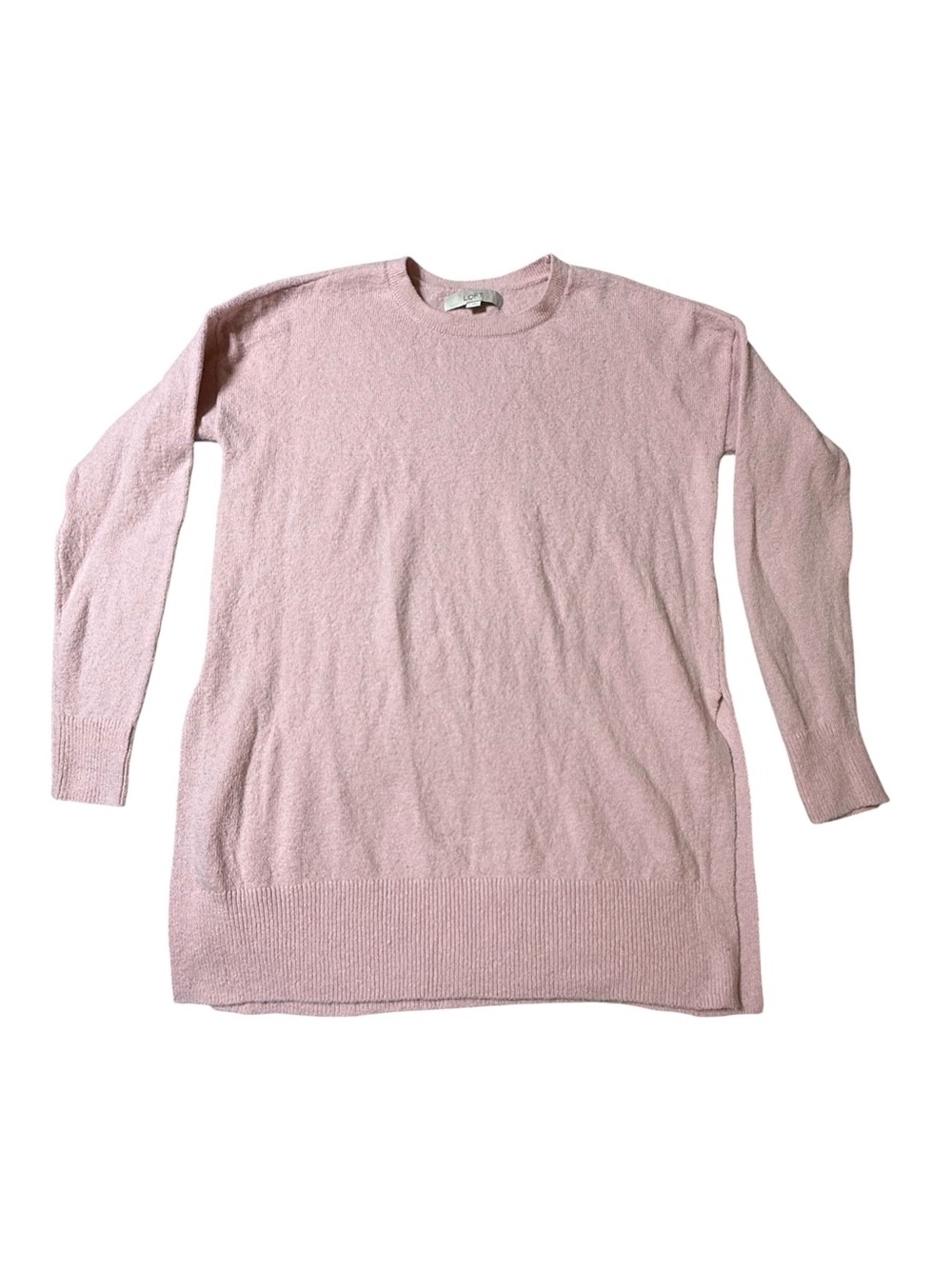 LOFT Pink Crewneck Tunic Sweater Size Small Side Slit Soft Knit Cozy Relaxed